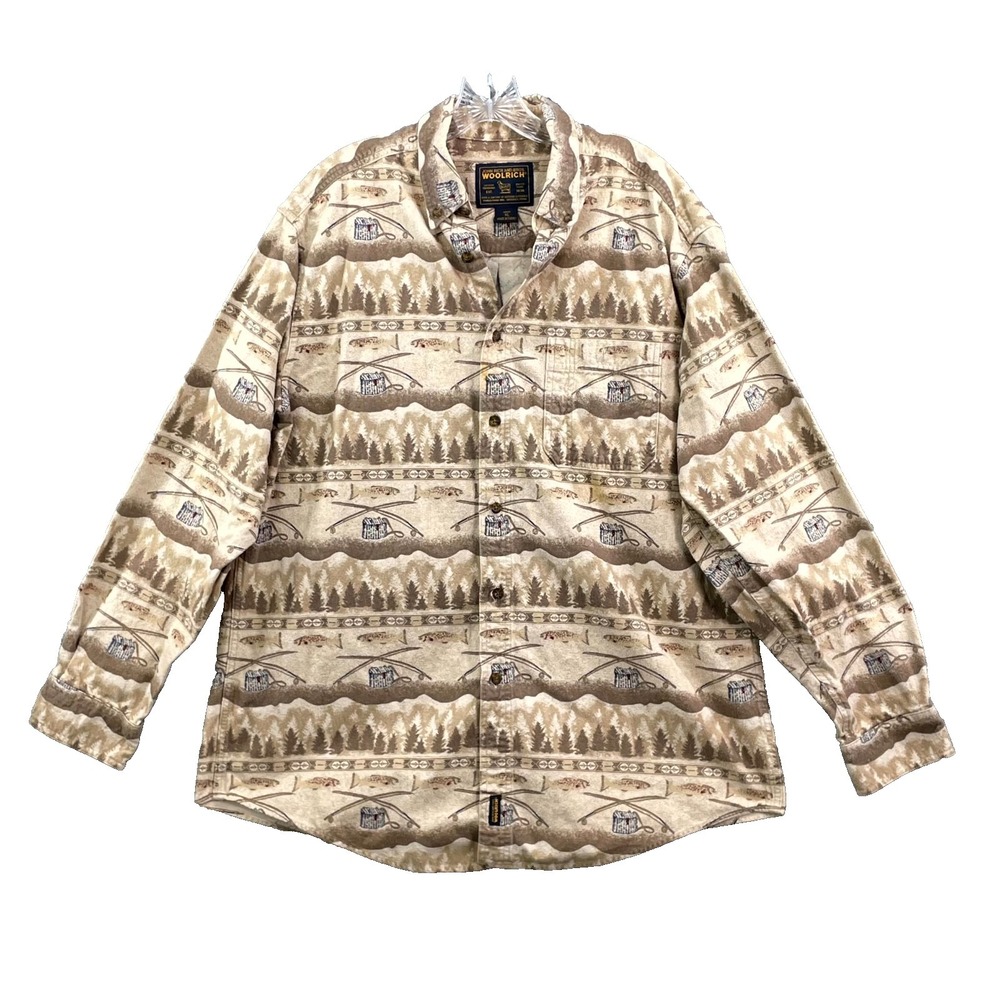 Vintage Woolrich Shirt Mens XL Beige Fishing Print Gorpcore Hunting Outdoor